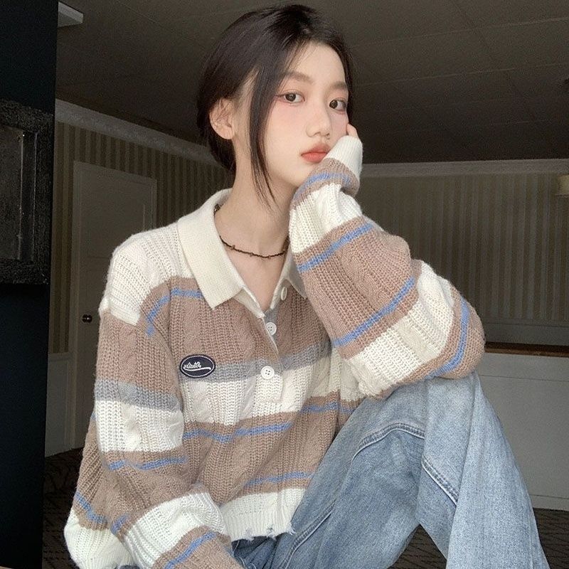 Polo領條紋撞色套頭毛衣女秋冬新款寬鬆顯瘦破洞設計感針織上衣女