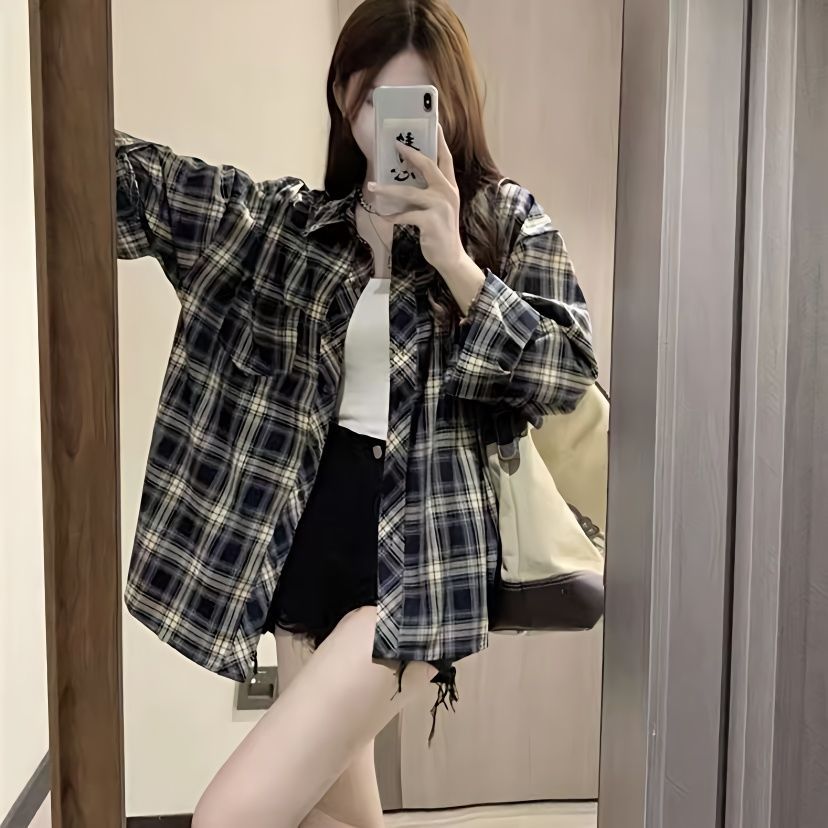 韓版藏青色格子襯衫設計感長袖上衣女開衫春薄款寬鬆外搭百搭外套