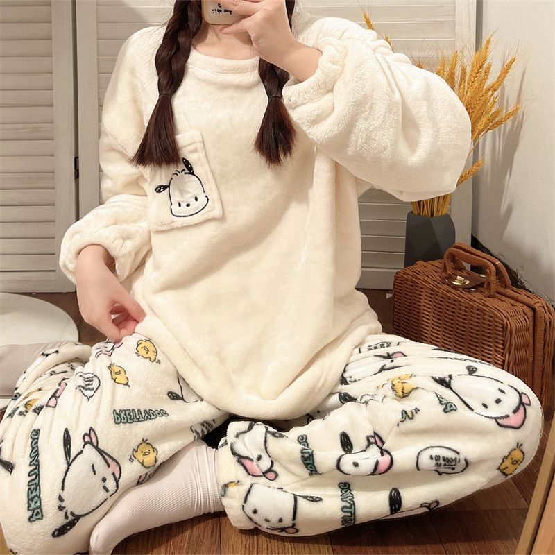 冬季珊瑚絨睡衣女加絨加厚保暖春秋冬款法蘭絨家居服冬天女款套裝