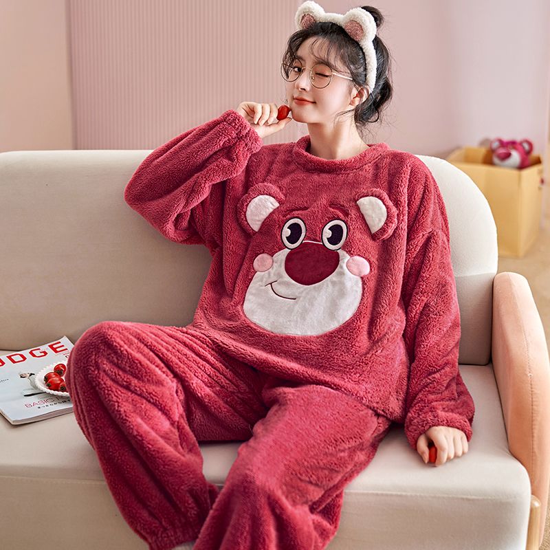 睡衣女秋冬季加絨加厚冬天款可愛珊瑚絨家居服法蘭絨草莓小熊套裝