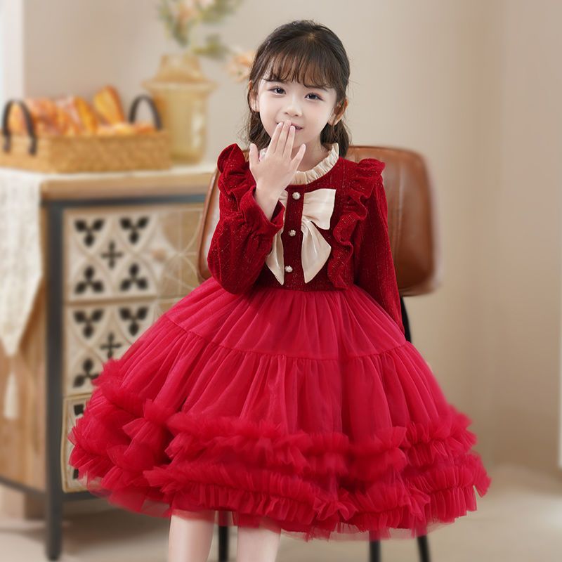 New autumn and winter girls' dress, thickened velvet, loose version, fluffy princess dress