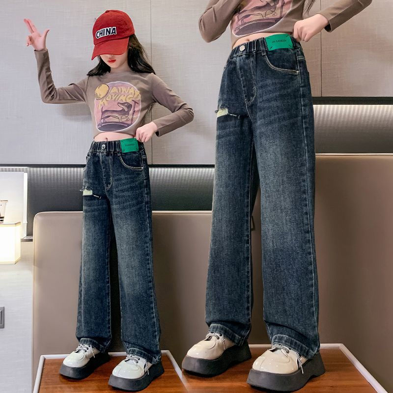 女童牛仔褲春秋2023新款寬鬆洋氣外穿大童秋裝褲子兒童秋季闊腿褲