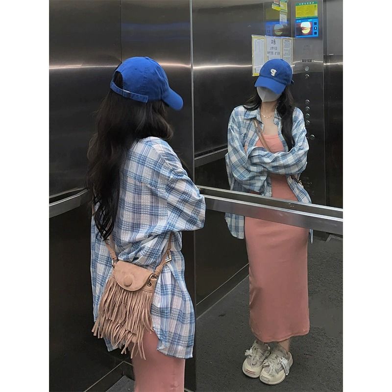 2023 美式復古洋氣棉感寬鬆格紋襯衫百搭BF風休閒上衣