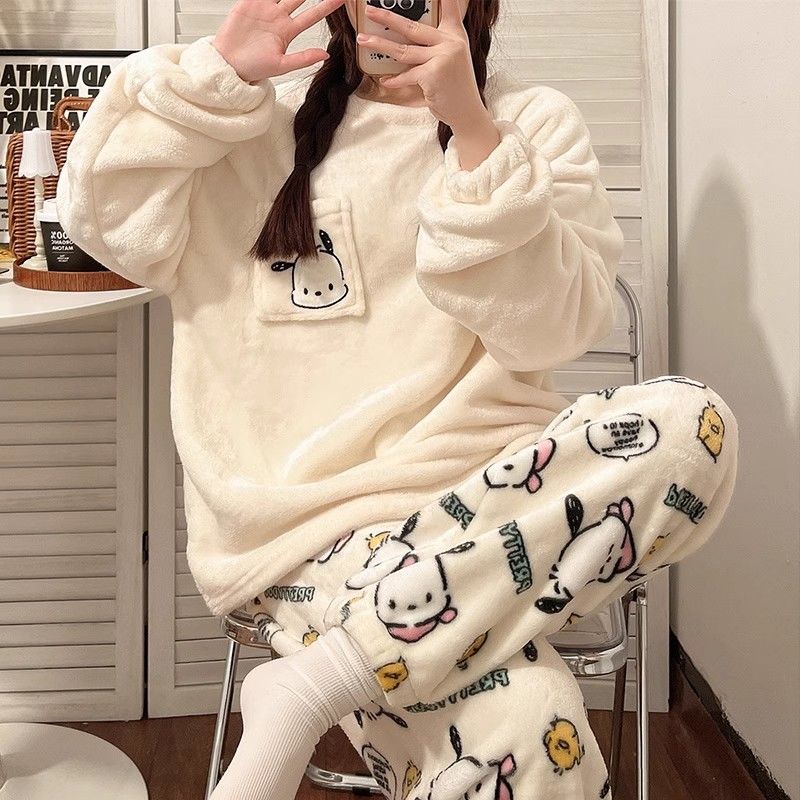 珊瑚絨冬天睡衣女加厚加絨法蘭絨冬天大碼卡通ins風家居服秋冬款