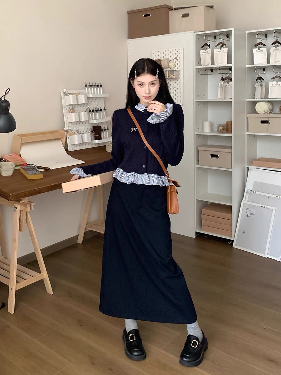 條紋拼接法式氣質長袖針織開衫短款韓系女秋季2023新款學院風上衣