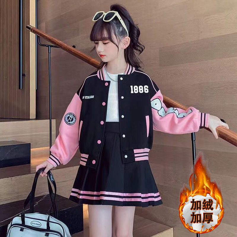 Girls Autumn Sports Suit  New Internet Celebrity Medium and Large Children's Baseball Uniform Jacket Western Style Pleated Skirt Two-piece Set