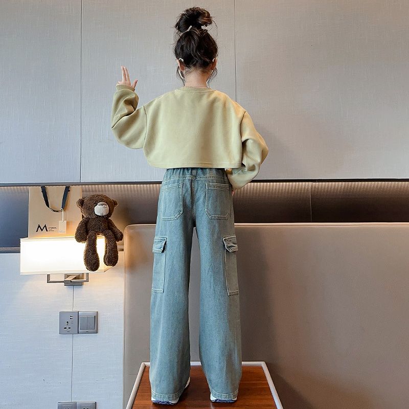 Girls workwear suit, denim three-piece suit, internet celebrity, big girl, stylish sweatshirt, vest, multi-pocket floor mopping pants, autumn outfit