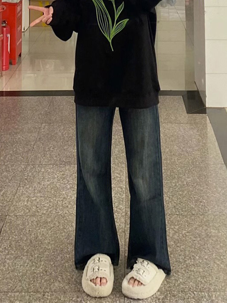 復古做舊微喇牛仔褲女秋季新款高腰寬鬆顯瘦百搭直筒拖地喇叭褲子