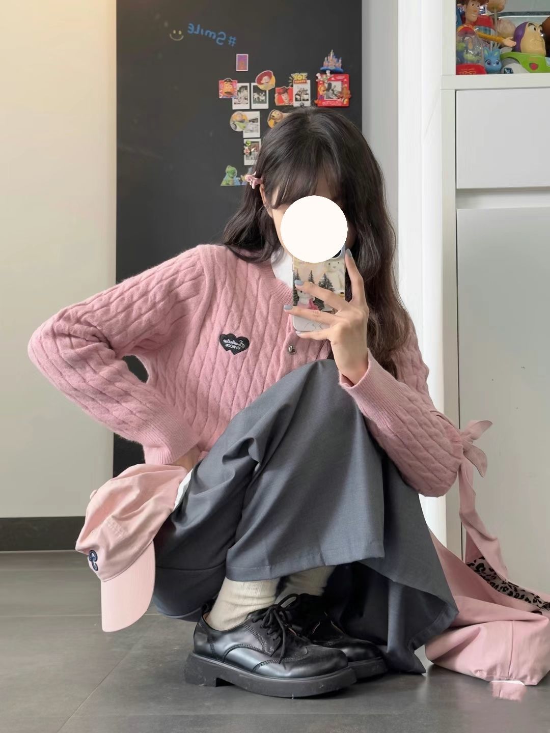 韓系chic粉色愛心麻花針織開衫女秋季新款獨特别致小上衣毛衣外套