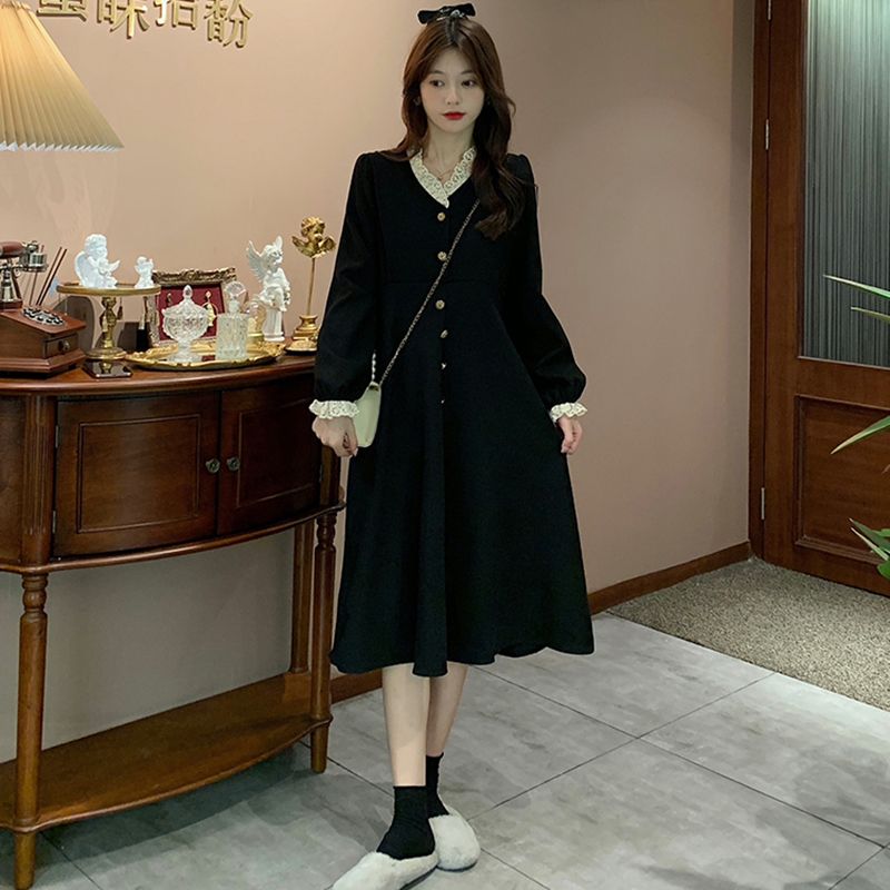 燈芯絨氣質v領長袖連衣裙女2023春秋新款學院風收腰顯瘦小眾長裙