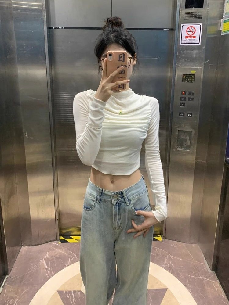 American white half-high collar long-sleeved T-shirt for women in early autumn new pleated design short waist bottoming shirt top