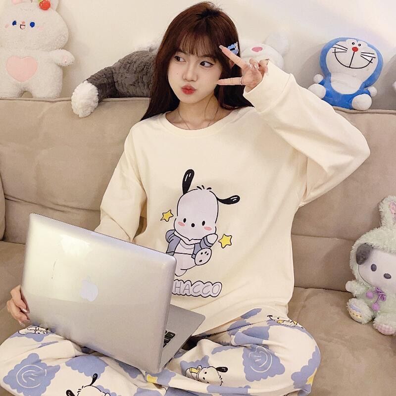 睡衣女士春秋冬款純棉薄款圓領學生少女長袖長褲可外穿家居服套裝