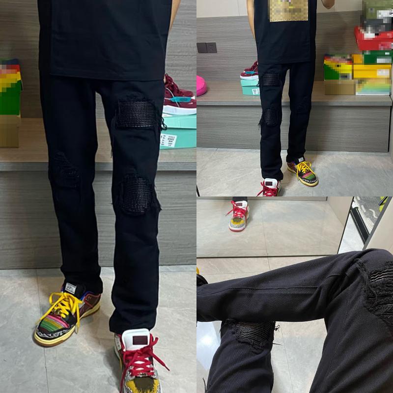 春秋季蘇6同款褲子個性破洞補丁高街牛仔褲男韓版新款修身長褲子