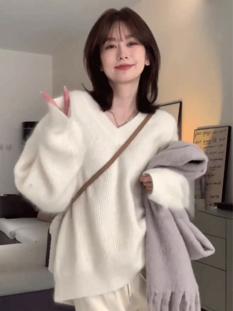 白色v領毛衣女2023秋冬新款爆款韓版寬鬆慵懶風內搭針織衫上衣厚