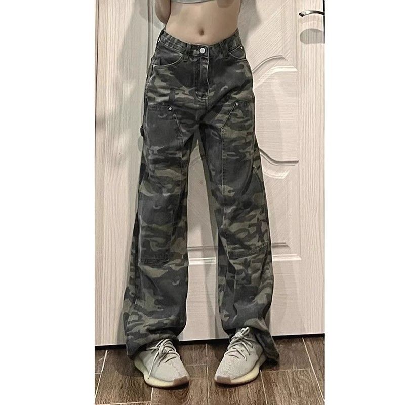 Large size American high street camouflage overalls for women in autumn for fat girls, loose and slim floor-length straight wide-leg jeans