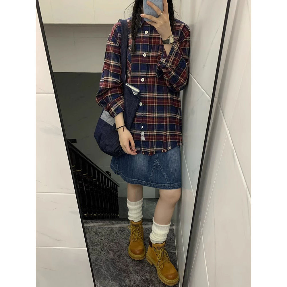 美式潮牌復古格子長袖襯衫女春秋季磨毛寬鬆襯衣情侶休閒外套上衣