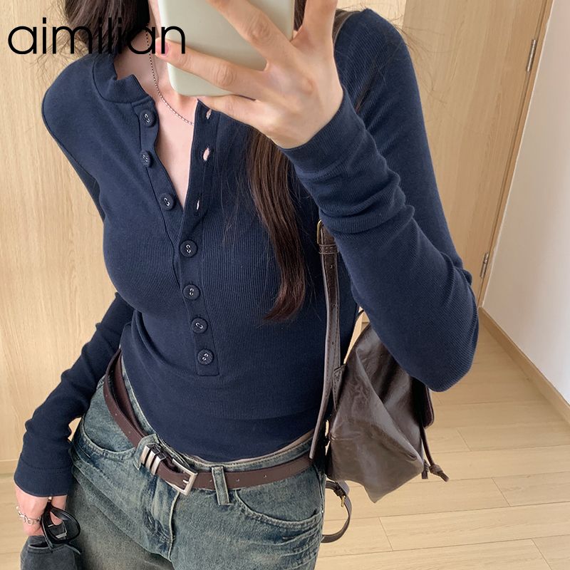 aimilian辣妹正肩V領長袖t恤女春秋內搭打底衫設計感小眾短款上衣