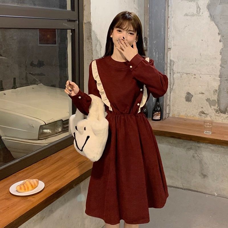 秋季圓領木耳邊設計感長袖裙子女2023年學院風百搭收腰減齡連衣裙