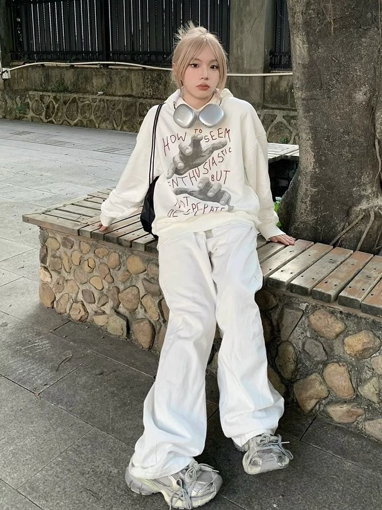 美式復古連帽衛衣女oversize秋季手繪印花帽衫外套寬鬆重磅上衣潮