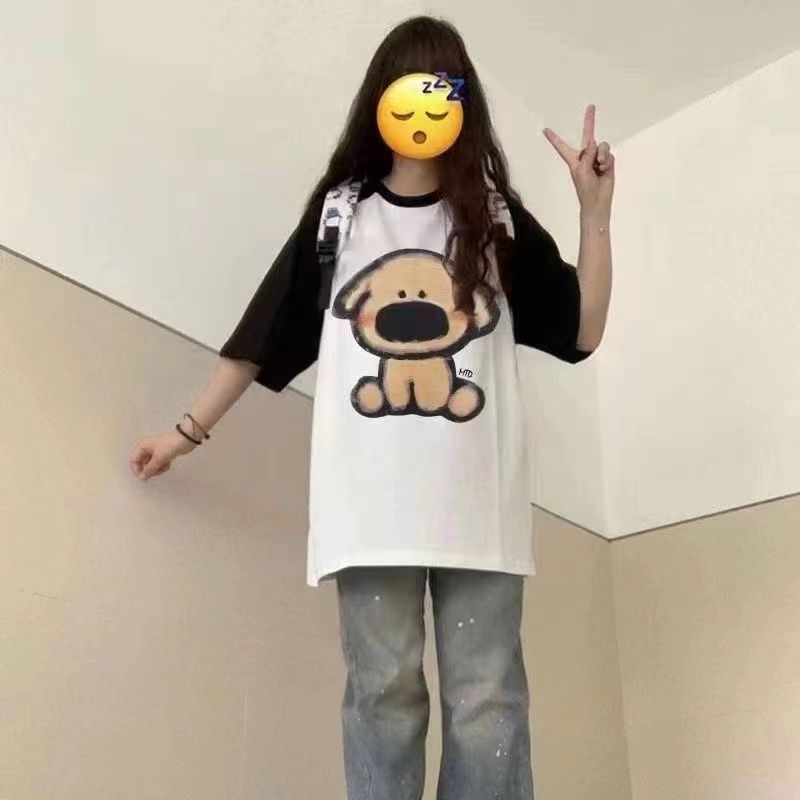 100%純棉創意別致小狗印花拼接插肩短袖t恤女新款顯瘦夏季上衣潮