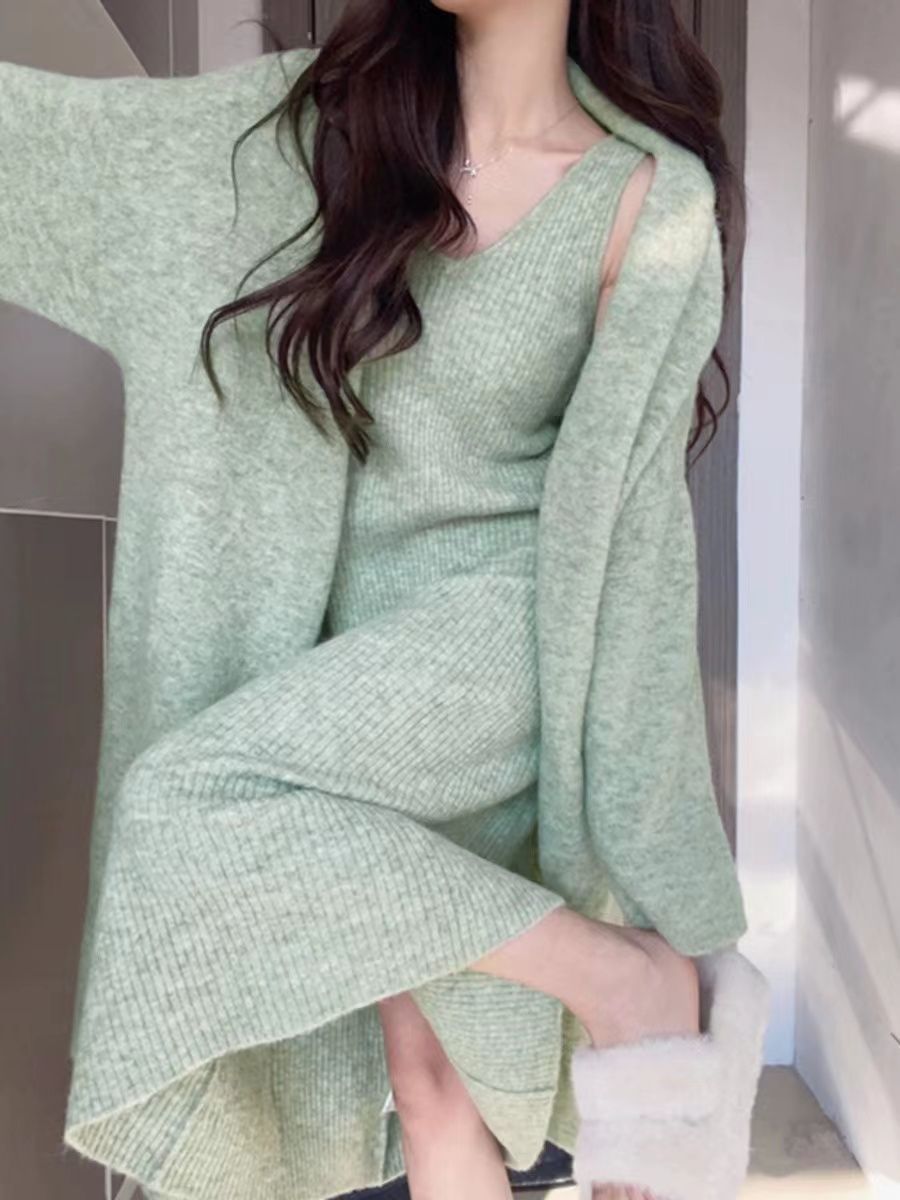 PROMONE2023新款法式中長款針織背心連衣裙針織開衫兩件套加厚女