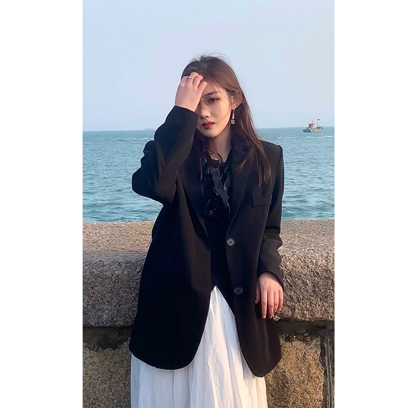 Black suit jacket for small people 2023 new spring and autumn mid-length high-end street Korean style casual women's suit