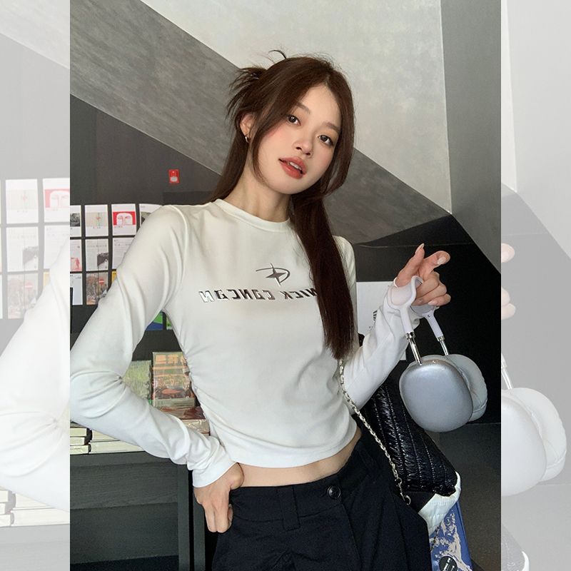 純欲風修身顯瘦長袖T恤女2023春秋ins潮設計感小眾打底衫褶皺上衣