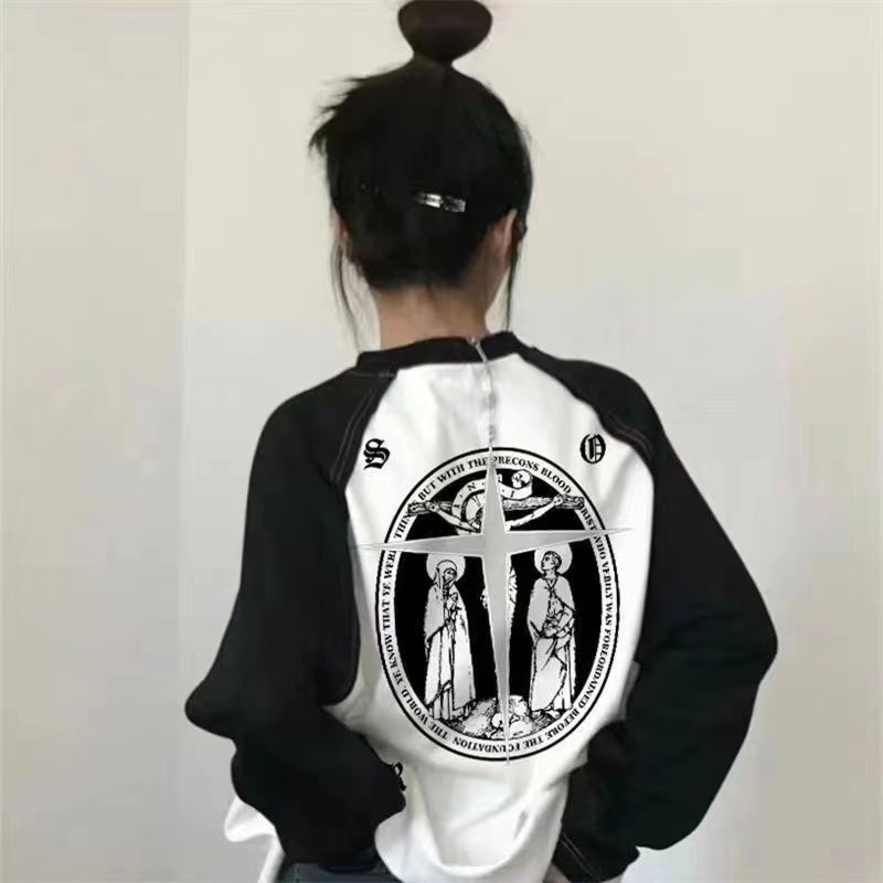 拼接插肩長袖T恤女秋冬新款純棉大碼設計感小眾潮牌美式撞色上衣