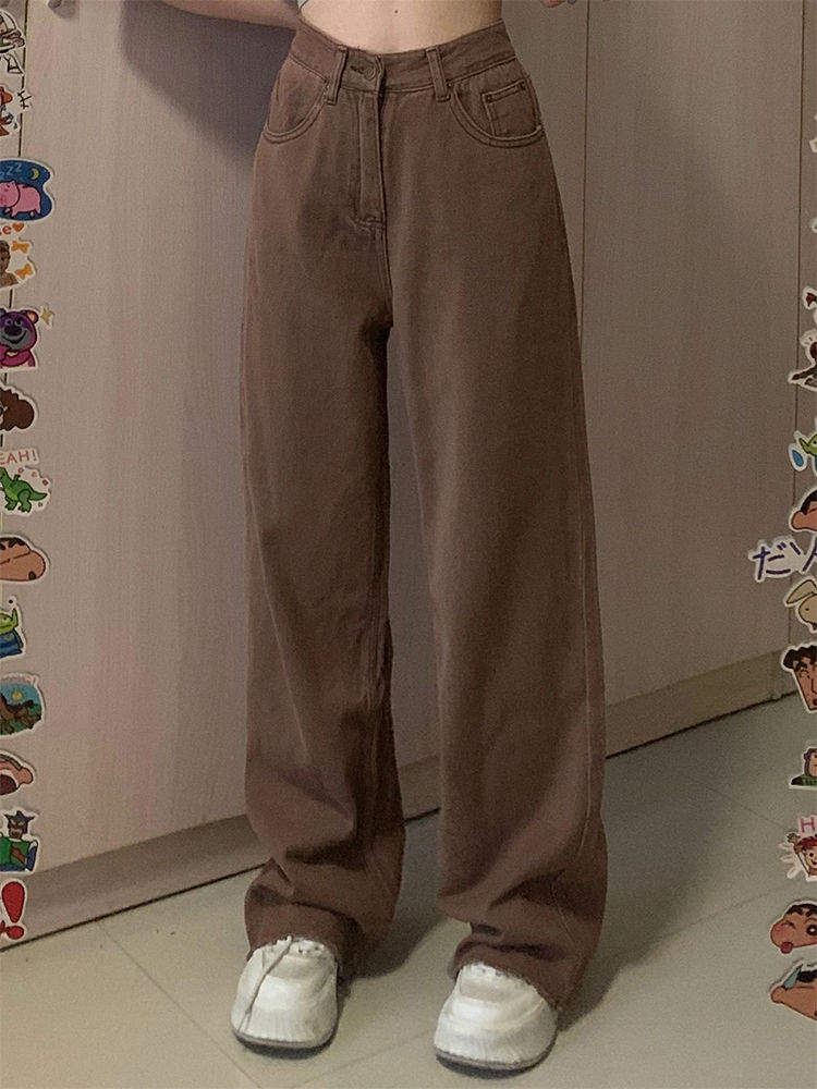 美拉德咖色牛仔褲女秋季新款高腰寬鬆闊腿顯瘦百搭直筒拖地褲子潮