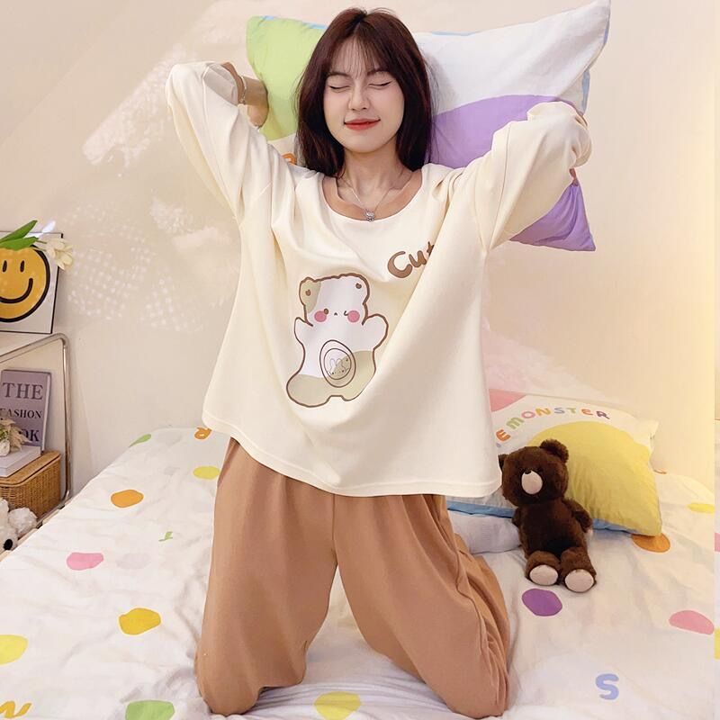 睡衣女士春秋冬款純棉薄款圓領學生少女長袖長褲可外穿家居服套裝
