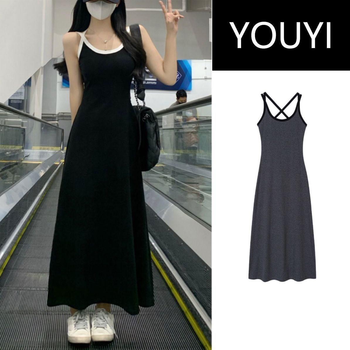 French hottie camisole dress slimming Hepburn style black temperament sleeveless backless dress women's summer long dress