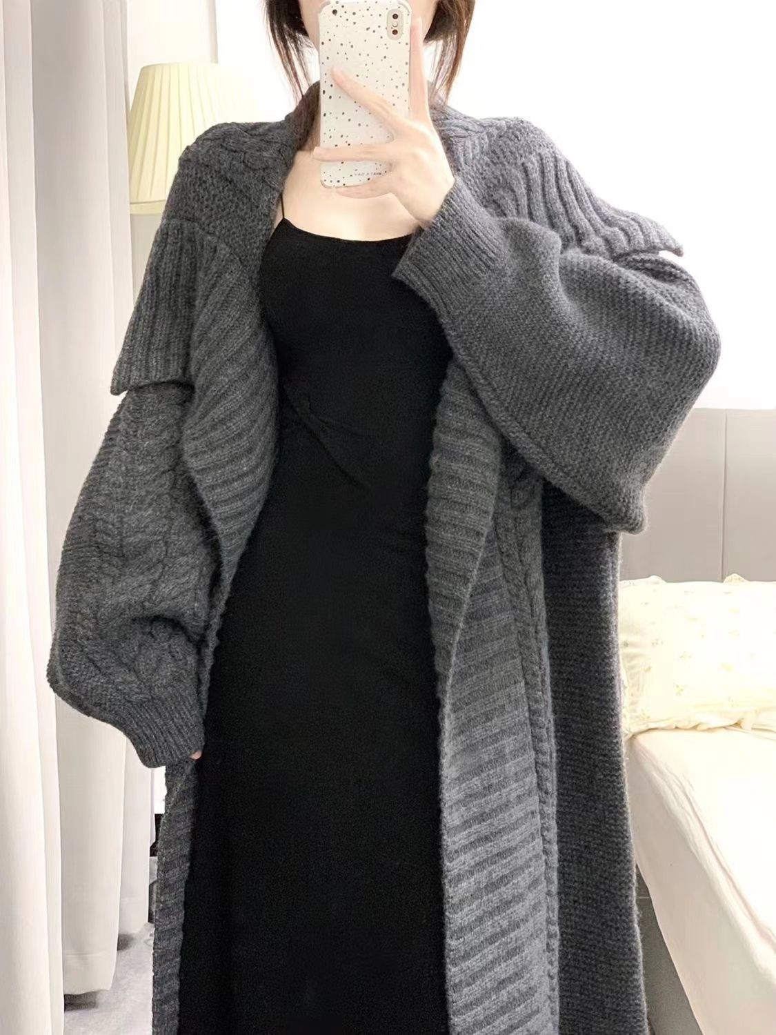 復古慵懶風灰色長款毛衣外套女秋冬外穿寬鬆軟糯針織開衫長袖上衣