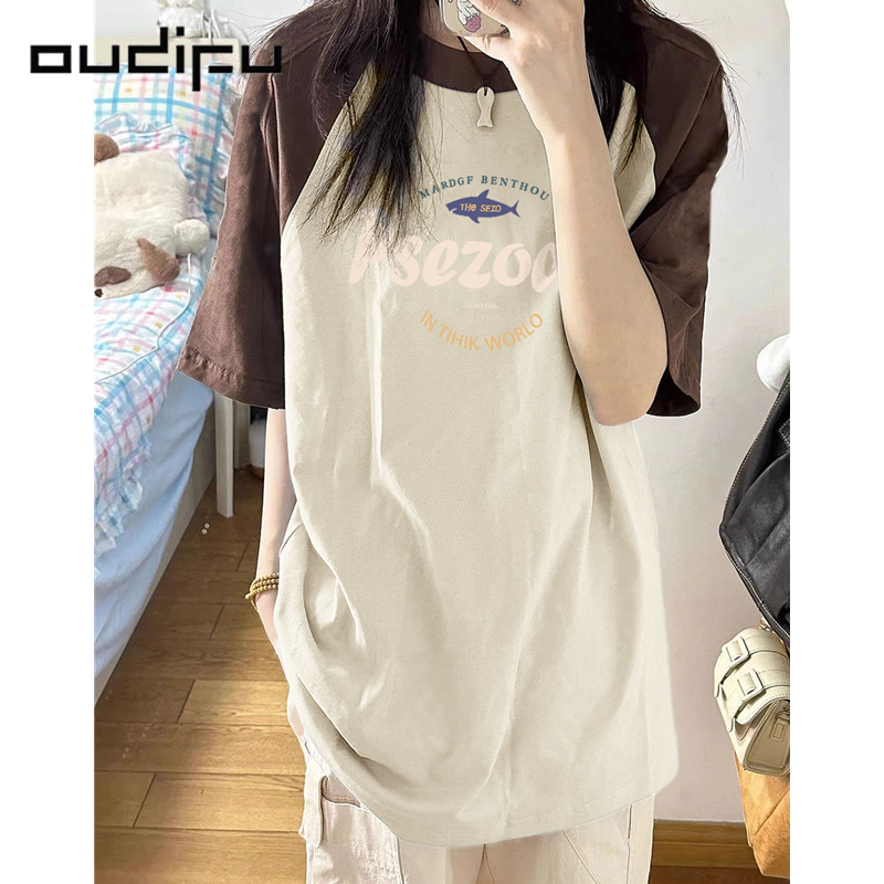 OUDIFU100%純棉新款插肩短袖t恤女寬鬆高級感小眾百搭夏季上衣潮
