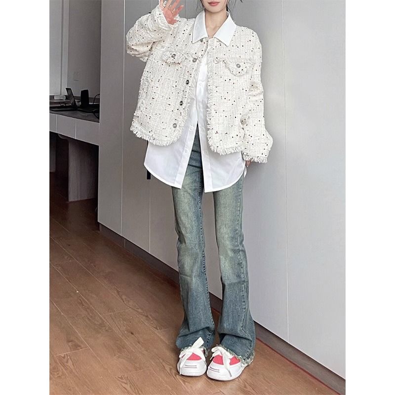 175 tall lengthened retro raw edge bootcut jeans for women high waist elastic slim slim floor-length bell bottoms