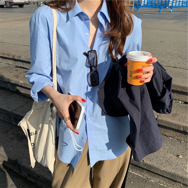 秋季女裝港風淺藍色襯衫女長袖外穿寬鬆顯瘦韓版學生襯衣上衣洋氣