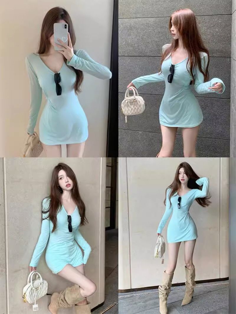 Milk green pure desire niche V-neck drape waist slimming versatile chic long-sleeved bottoming T-shirt tops for women spring and autumn