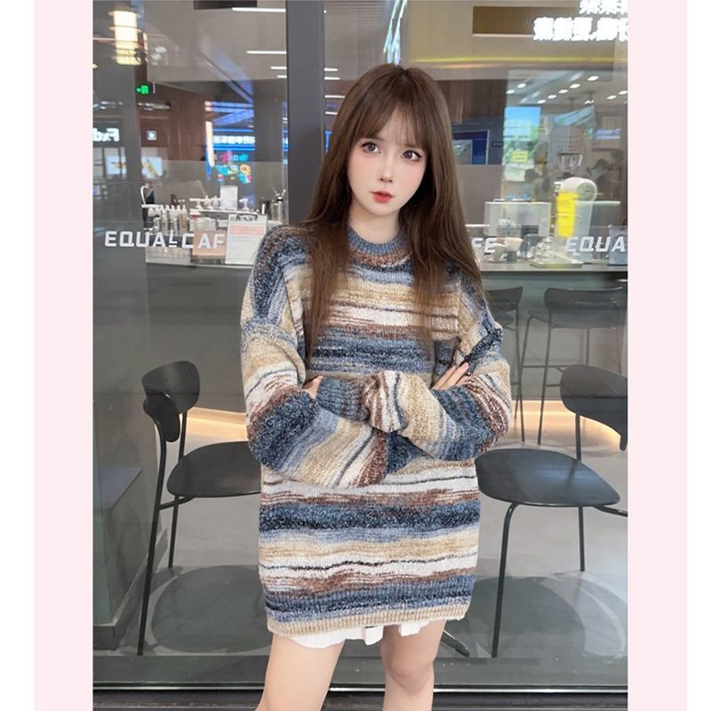 慵懶風復古漸變條紋圓領套頭毛衣女秋冬新款學生寬鬆百搭針織衫