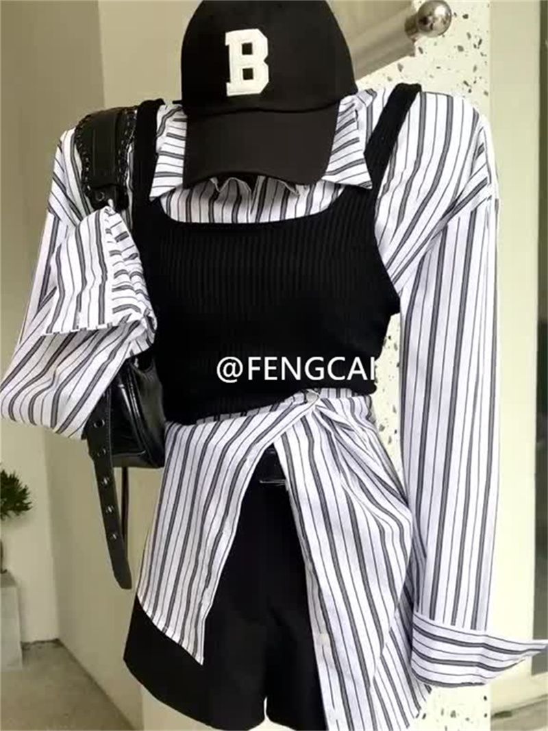 Autumn new Korean Xiaoxiangfeng Yujie casual wear complete set of striped shirt suspender vest shorts suit