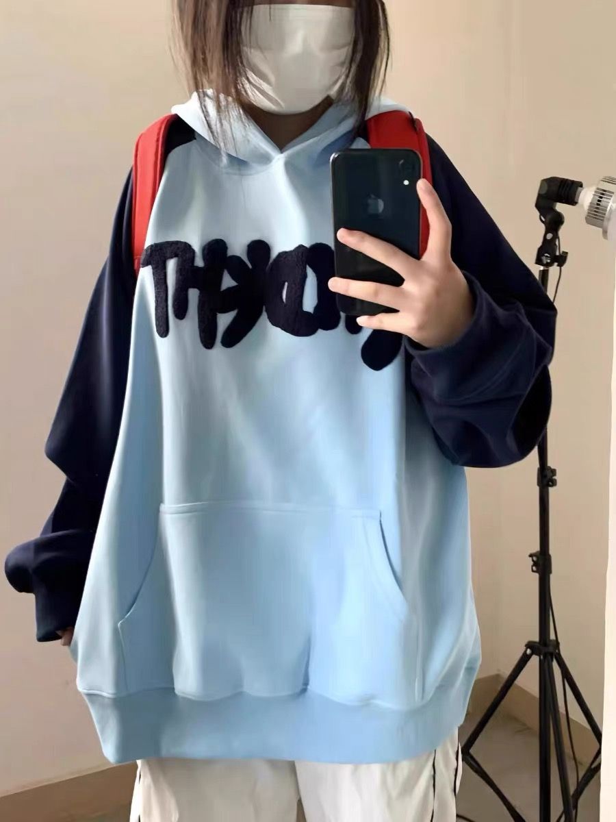 拼色落肩連帽衛衣女春秋薄款寬鬆小個子美式復古oversize外套上衣