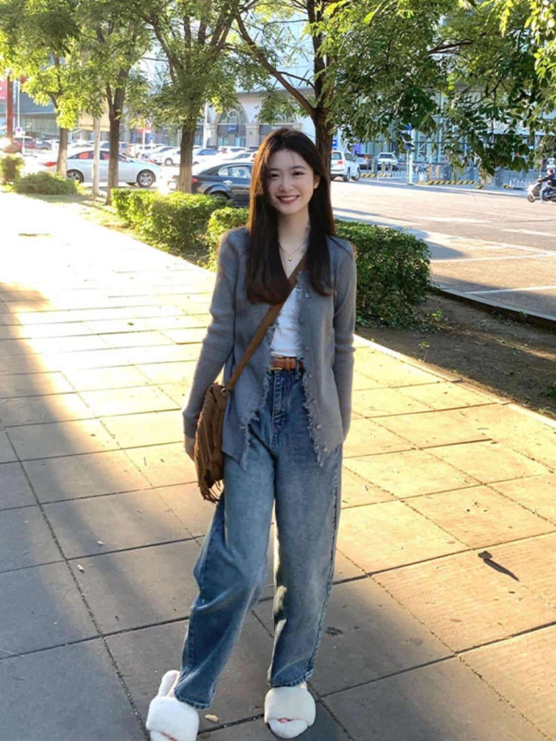 PROMONE2023早秋新款女高端灰色上衣顯瘦洋氣復古百搭針織開衫潮
