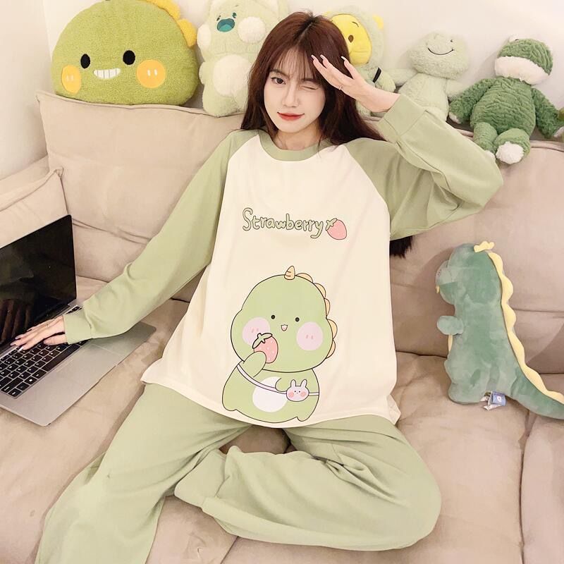 睡衣女士春秋冬款純棉薄款圓領學生少女長袖長褲可外穿家居服套裝