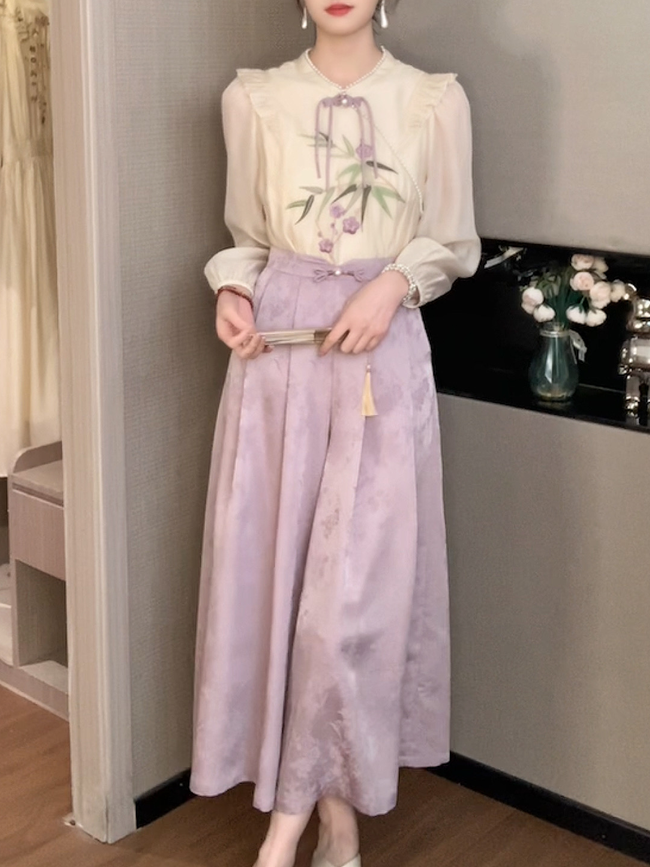 新中式時尚國風溫柔彩繡氣質襯衫+超仙闊腿褲套裝女2023秋季新款