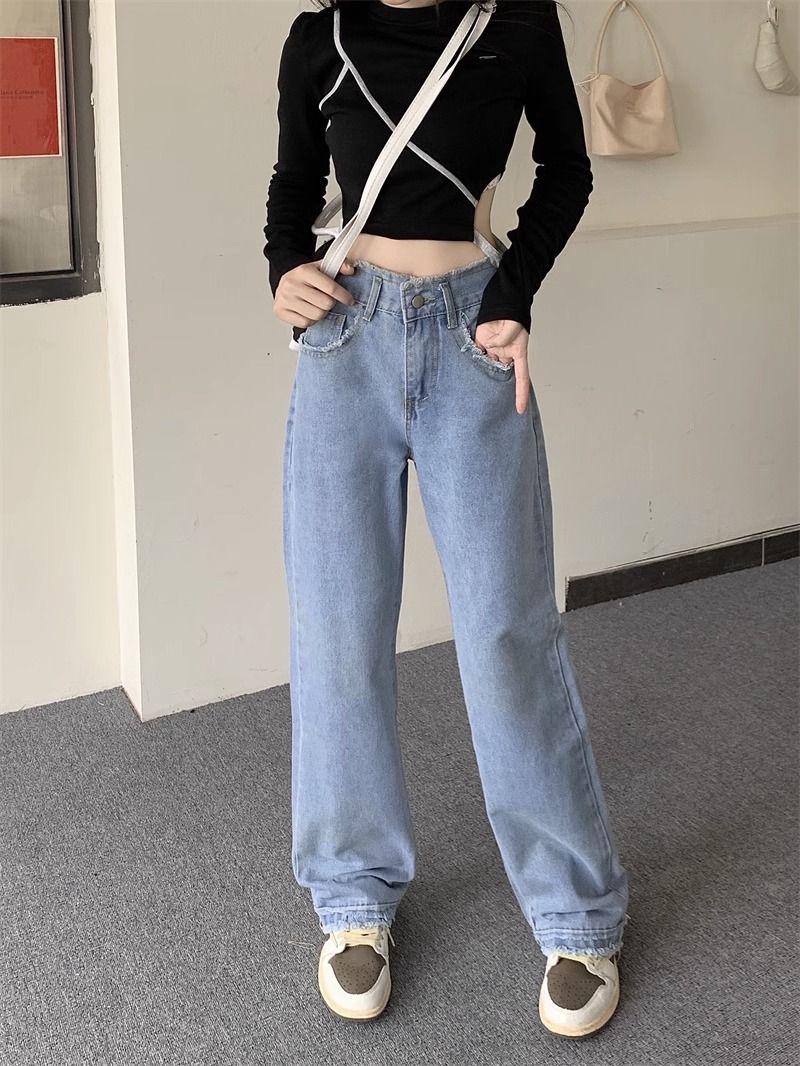 高腰寬鬆顯瘦毛邊牛仔褲女小眾設計垂感直筒褲闊腿褲拖地長褲子潮