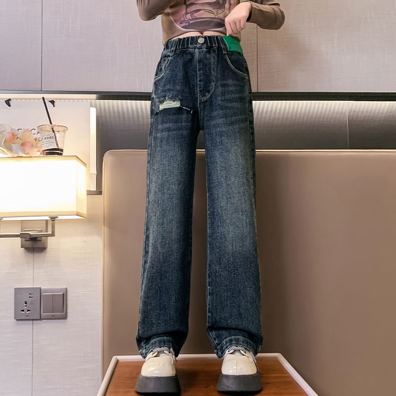 女童闊腿牛仔褲春秋款2023秋季新款大童直筒寬鬆褲子兒童網紅爆款