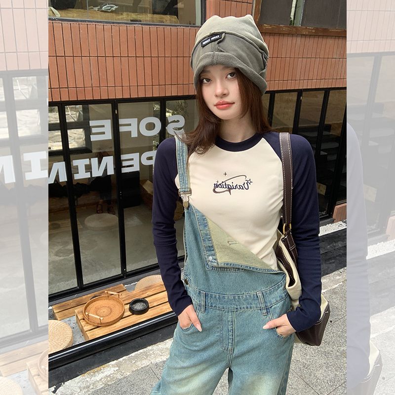 純欲風撞色修身顯瘦長袖T恤女2023春秋ins潮設計感小眾打底衫上衣