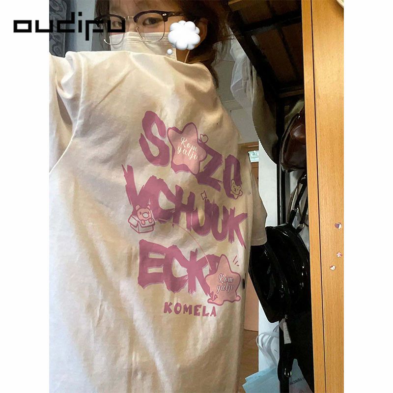 OUDIFU100%純棉夏季新款短袖t恤女寬鬆甜美百搭小眾慵懶風上衣ins