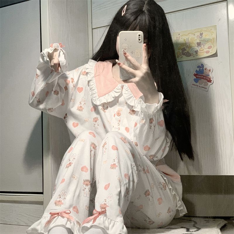 可愛兔子睡衣女春秋款日系甜美娃娃領長袖長褲學生宿舍家居服套裝