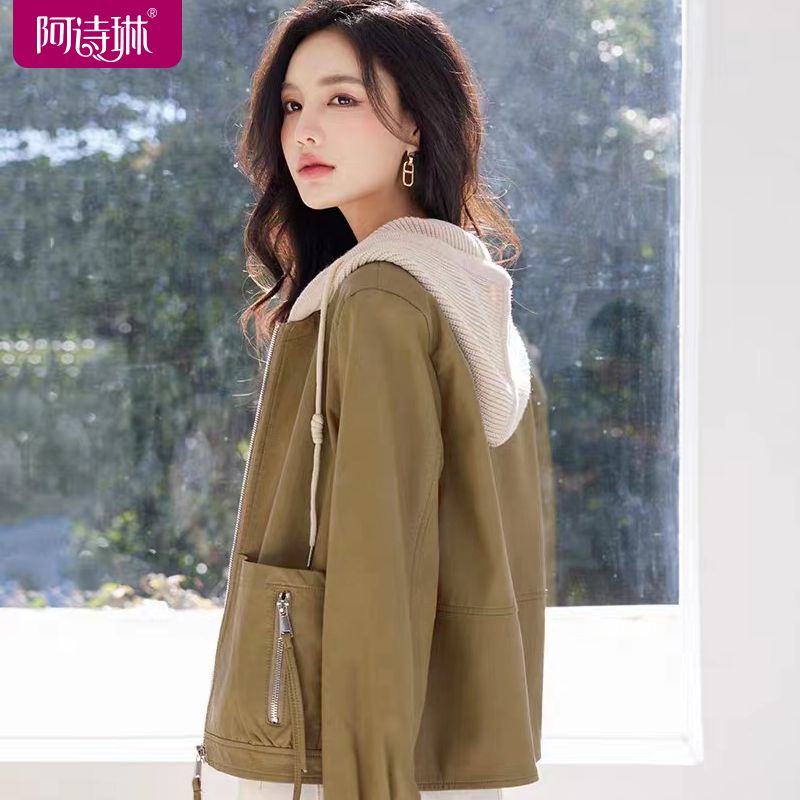 Detachable hooded short leather jacket 2023 spring new style women's small loose casual leather jacket