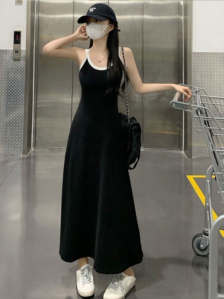 French hottie camisole dress slimming Hepburn style black temperament sleeveless backless dress women's summer long dress