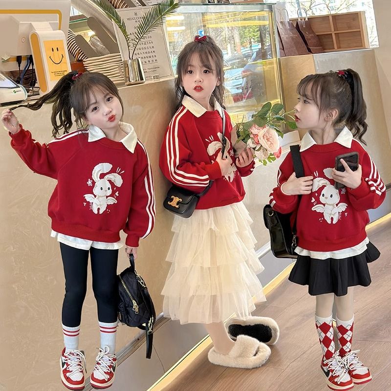 Girls' sweatshirts, autumn clothes, children's little girl clothes, fashionable baby girl's velvet tops  new styles, spring and autumn